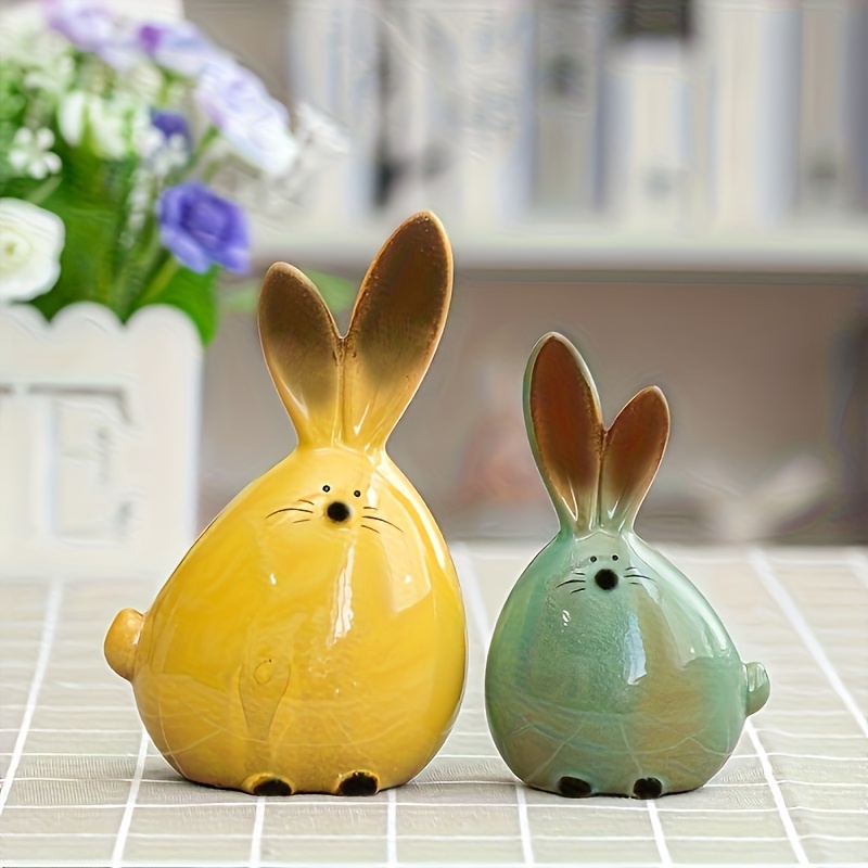 Image of 2pcs Yellow & Green Rabbit Figurines - Holding Hands Resin Rabbit Statues, Cute / Decor Suitable For Home,, Shelf, Tabletop - Resin Craft For Decoration With Adorable Rabbit Pair Design