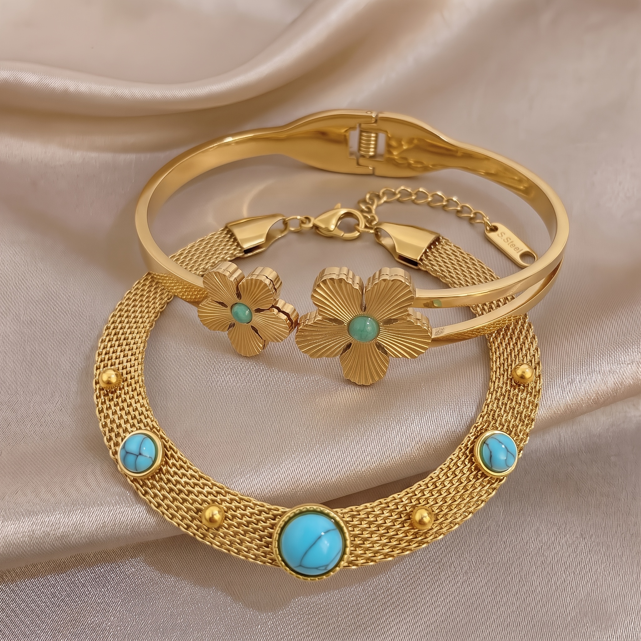 2pcs Unisex 18K Golden-Plated Bracelet and Bangle Set, Vintage Style