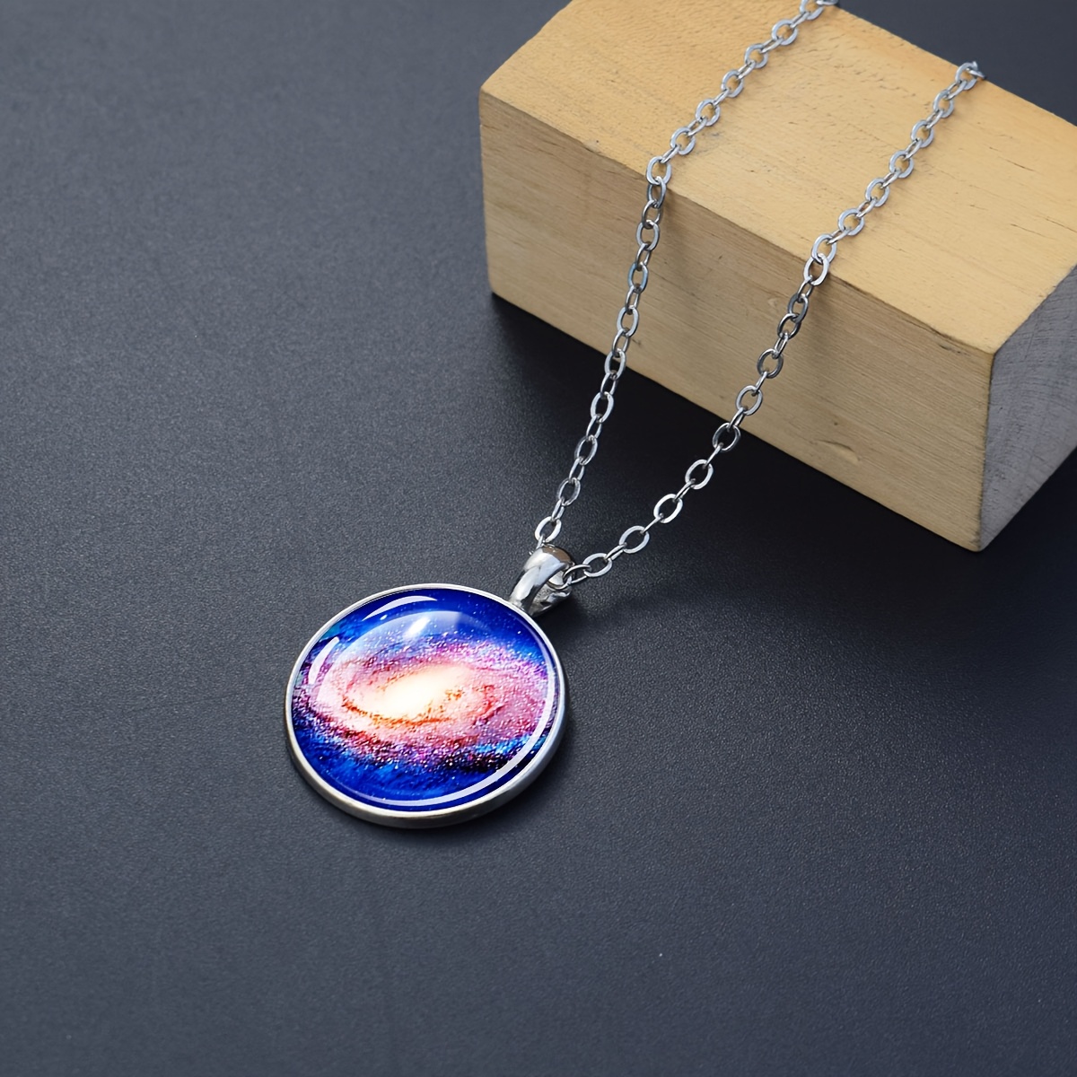 Galaxy Pattern Round Dome Pendant Necklace, Stylish Gift