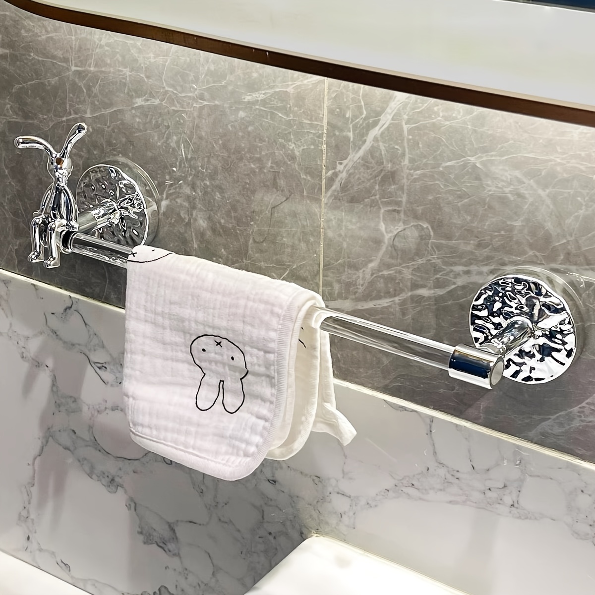 Suporte de toalhas de coelho de prata Art Deco, montado na parede do banheiro, design sem perfuração, comprimento de 30cm, barra de armazenamento de toalhas decorativa e funcional para uso doméstico - Opções de suporte único ou duplo disponíveis