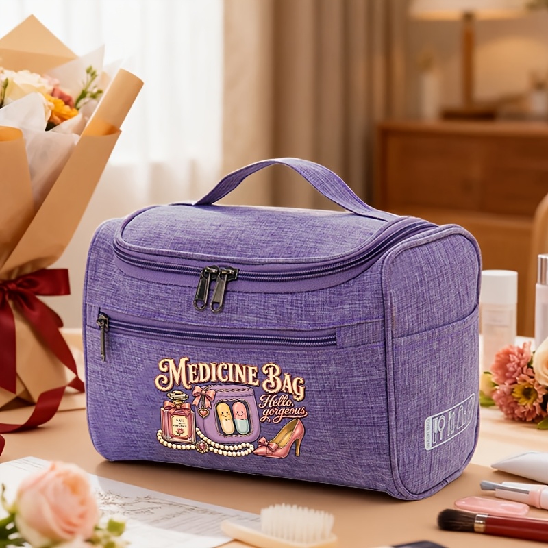TEMU Sweet Feminine Medicine Bag Style Toiletry Pouch, Featuring An Instagram-style 2d Capsule High Heel And "" Pattern. Does Not Contain Medicine.