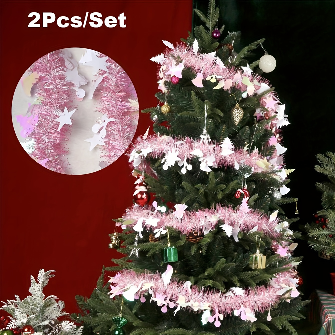 2pcs, 13.1ft Rainbow Pattern Pink And White Striped Tinsel Metallic Foil Ornaments, Christmas Pink Winter Decorations, Decorations, Atmosphere Setup Background Wall