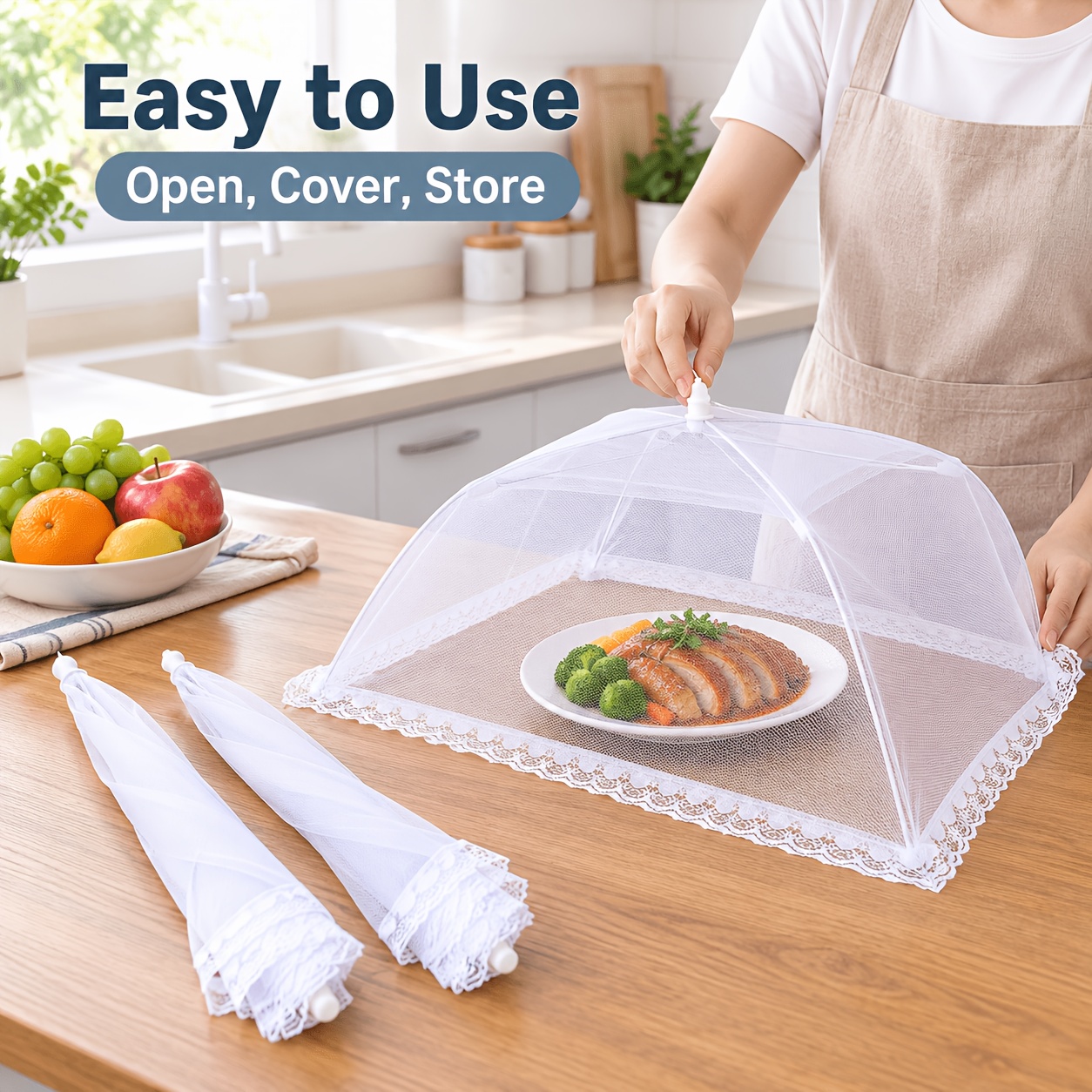 TEMU 3pcs Rectangular Mesh Food Covers, Foldable Pop-up Dish Covers With Lace Trim, Portable Food Tent Covers For Kitchen Table, Dining Table, Picnic