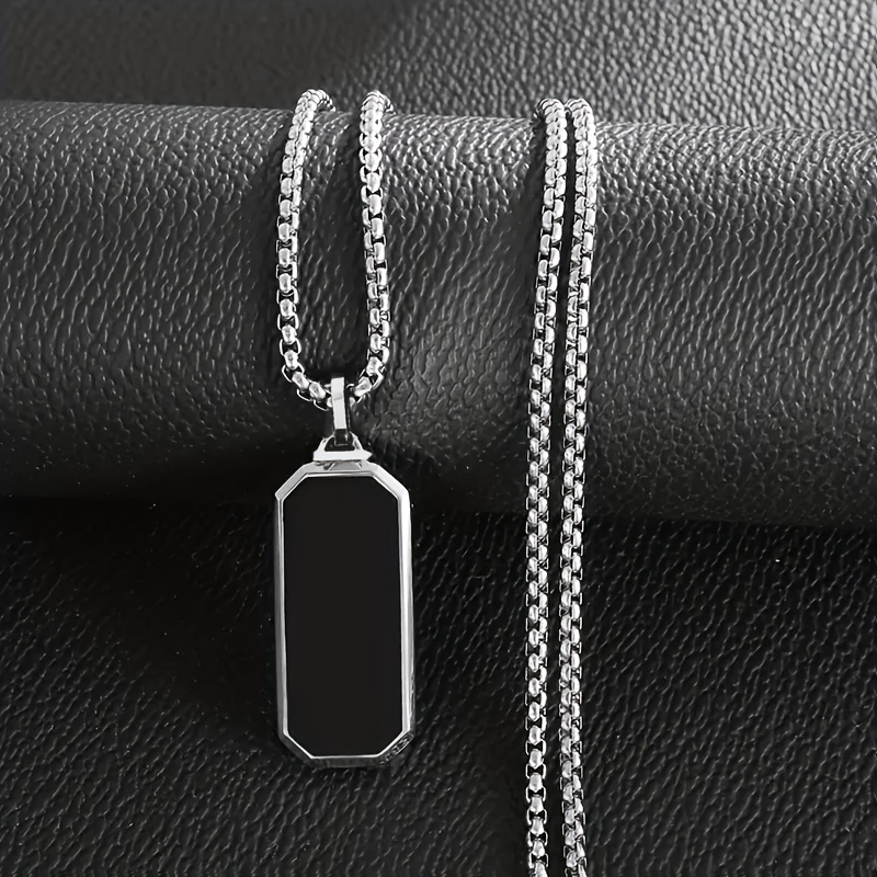TEMU Black Square Pendant With Box Chain - Premium Steel Necklace For Men | Trendy Casual Versatile Design, Perfect Gift For Business And , Father's