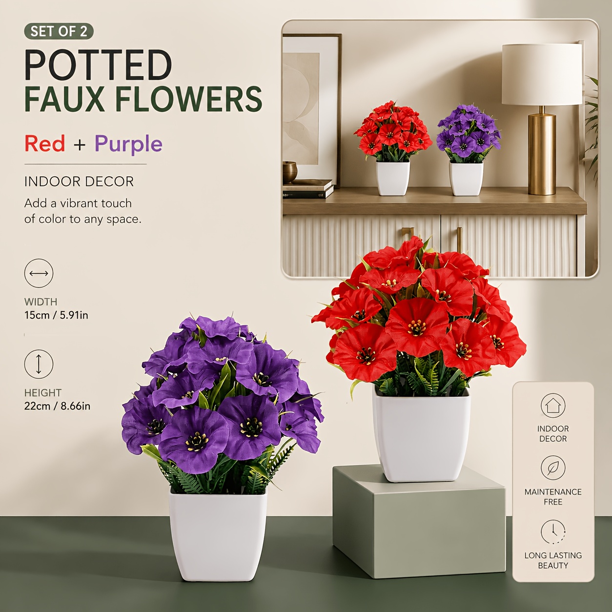 TEMU Ensemble de 2 pots de plantes artificielles en pot, fleurs artificielles rouges et , pots , arrangement floral artificiel, salon, chambre à