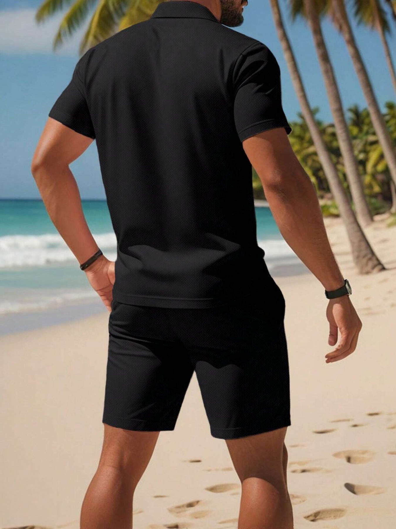 Men's Solid Color Short Sleeve Shirt with Drawstring Shorts Set - Summer Business Casual T-Shirt and Shorts Outfit for Everyday Leisure Wear