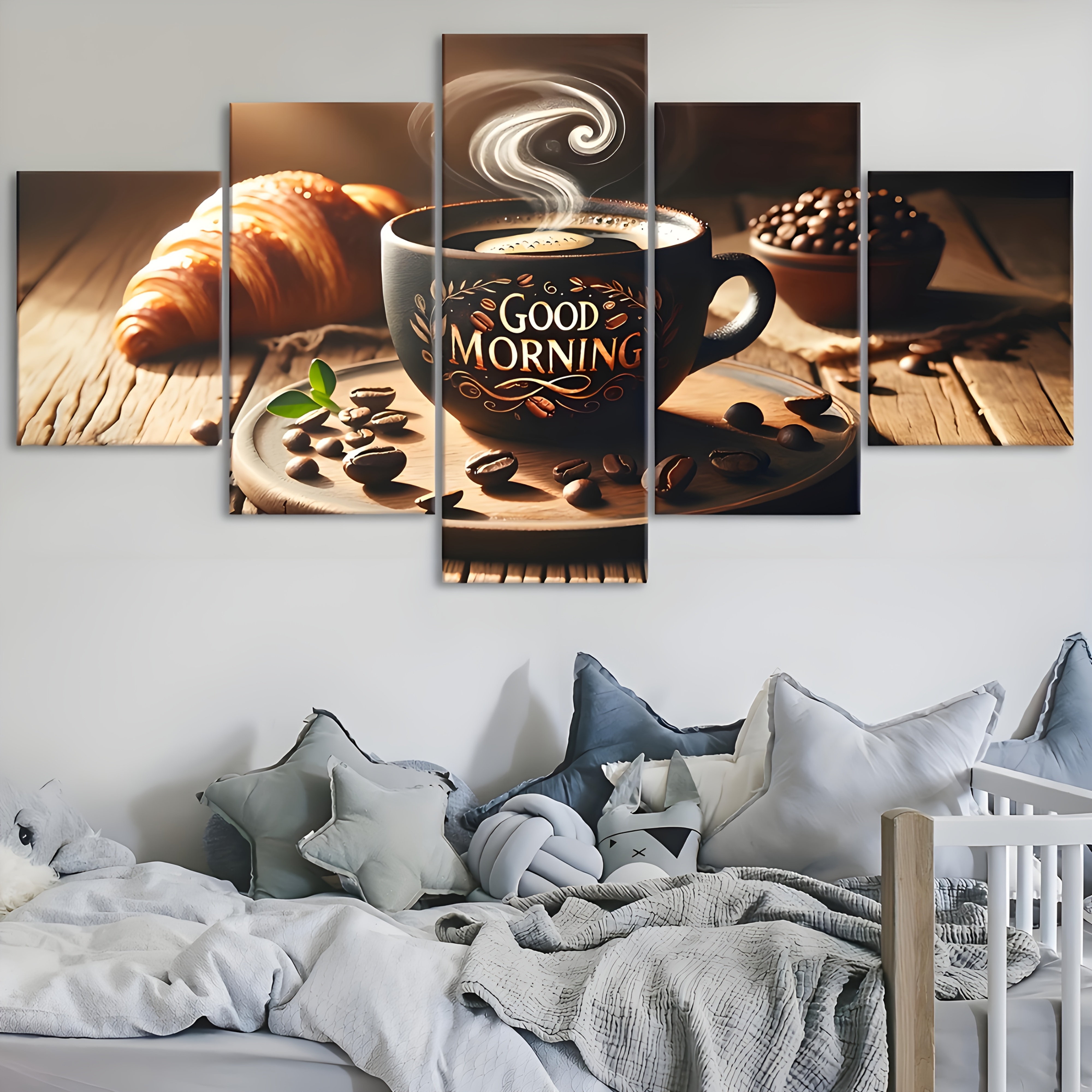 TEMU 5pcs Modern Canvas Art Set - Unframed, Ideal For Kitchen, Living Room, Bedroom Decor, Featuring Coffee Cup, Croissants, And Coffee Beans, Coffee