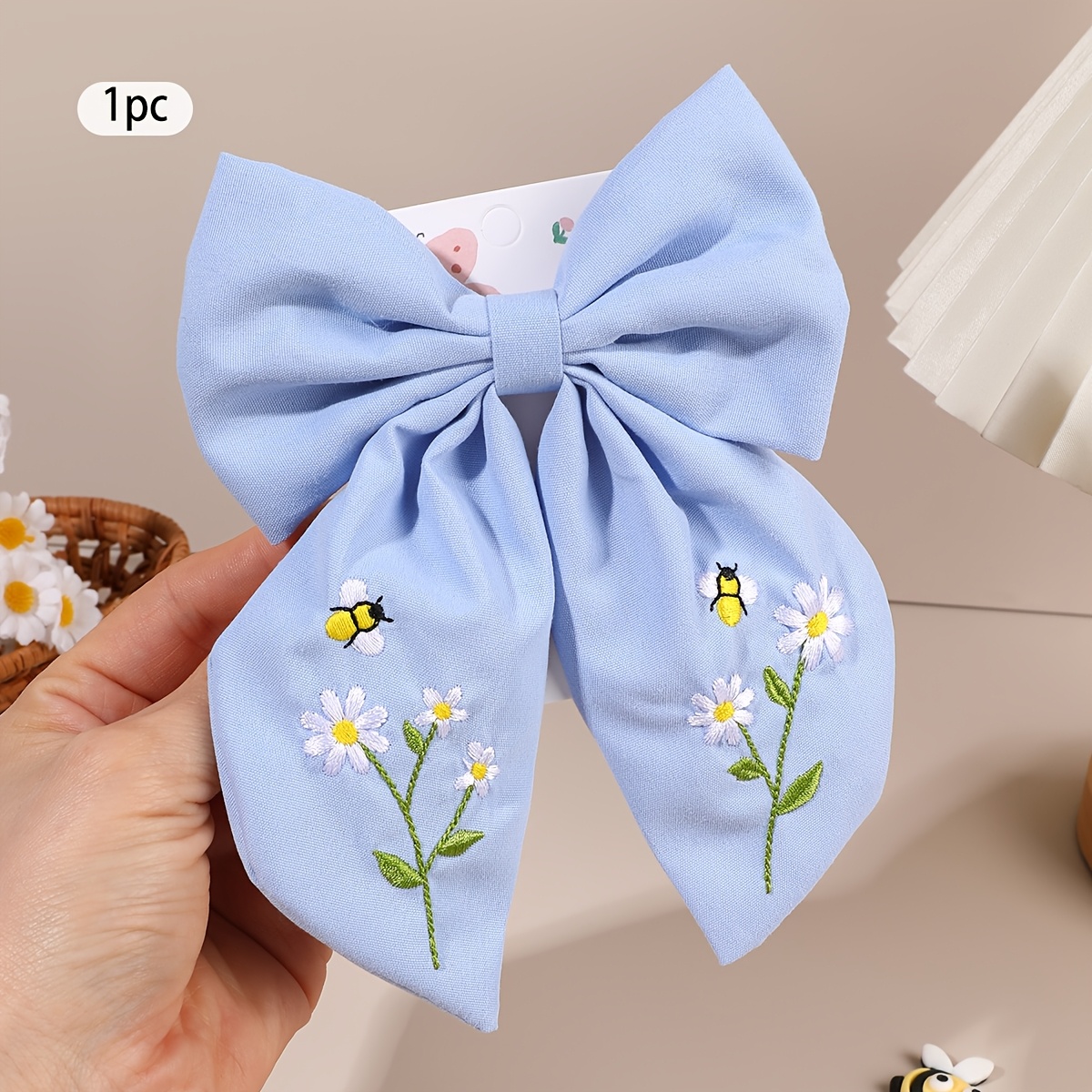 TEMU 1pc Sweet Embroidery Hair Bow Clip For, Elegant Floral Hairpin Nonslip Clip Accessories For Spring Outdoor
