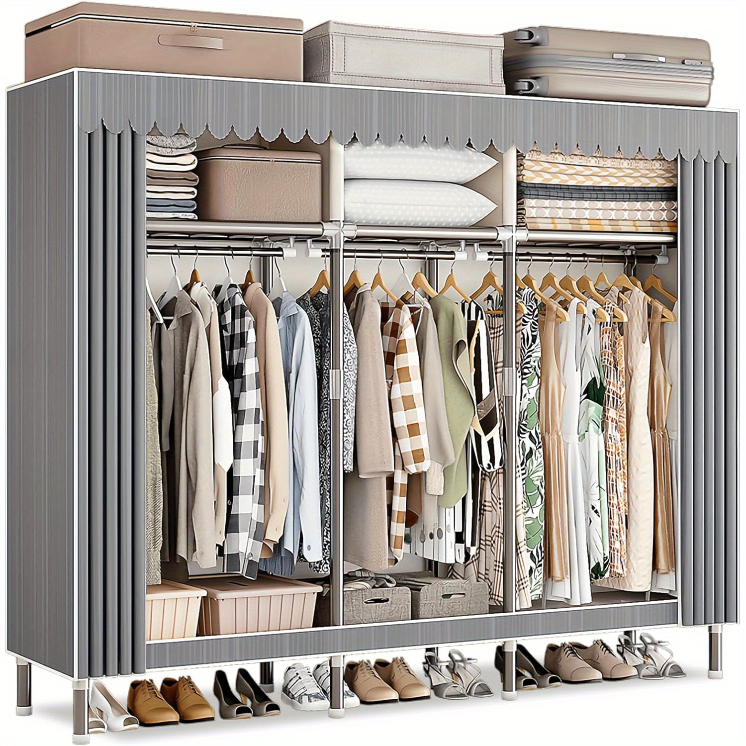 E-shop Tragbarer Kleiderschrank-Organizer mit Kleiderstange Regalen, klappbarer Kleiderschrank mit Oxford-Stoffbezug, schneller einfacher Aufbau,