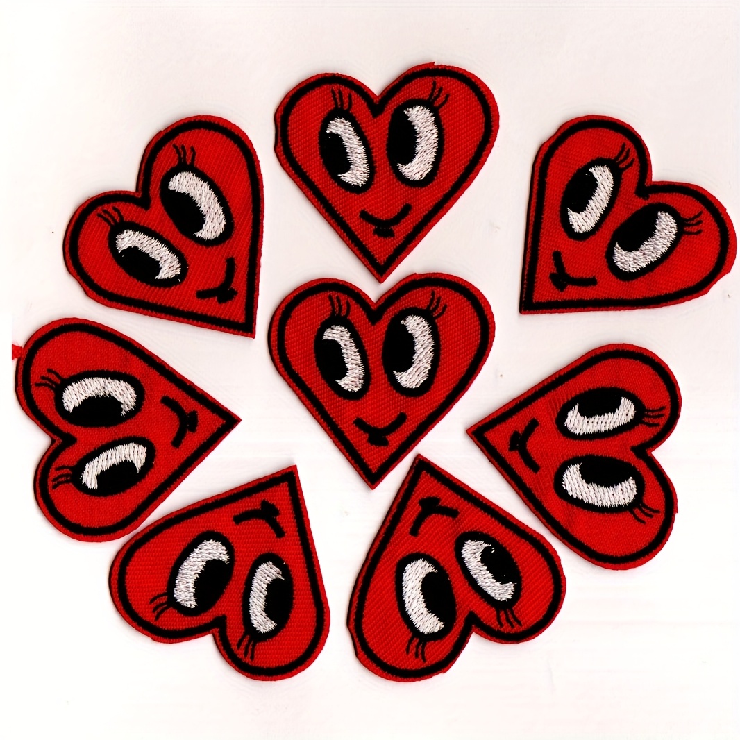8pcs Red Heart Face Patches Embroidered Badges Iron On Sew On Applique Embroidery Stickers Clothes And Additions Repair Badges Suitable For Clothing, Bags, Shoes, Hats, Home Decoration Iron On