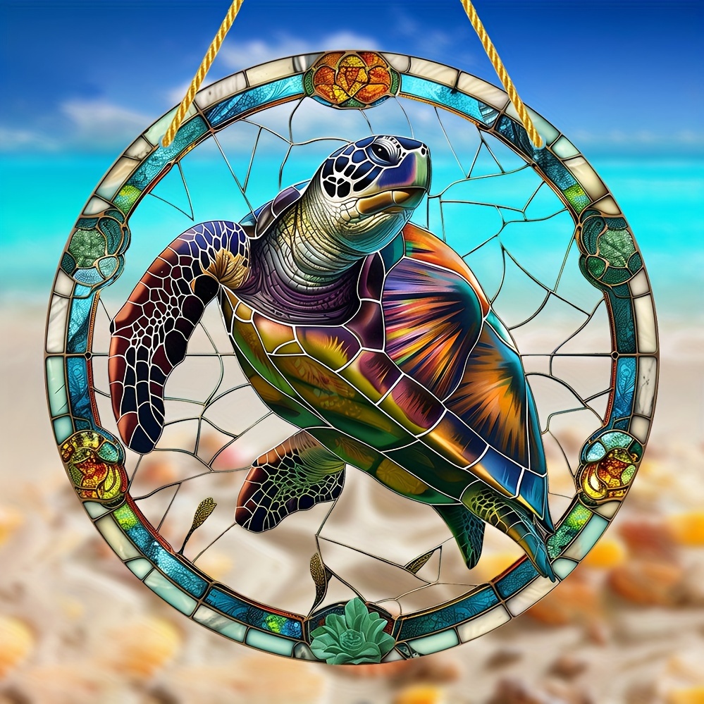 

Charming Turtle Stained Glass-style Window Hanging - 8"x8" Round Acrylic Light Catcher For All Seasons, Perfect For Home & Garden Decor, Porch Accents, And Birthday Gifts Turtle Outdoor Decor