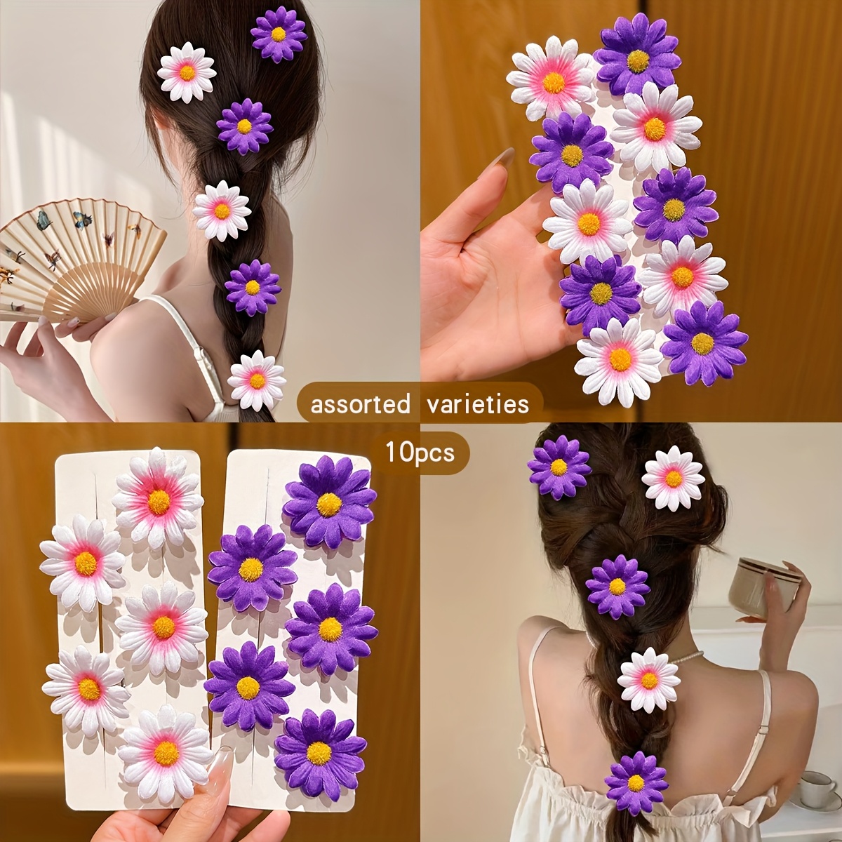 Image of 10pcs Set Of Assorted Sweet And Cute Pink And Purple Flower Hair Clips, Suitable For Daily Use As Hair Accessories