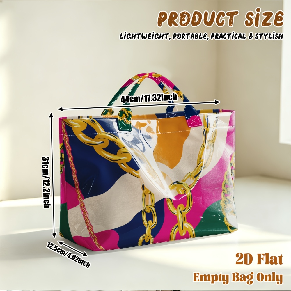 TEMU 1pc 2d Flat Printing Golden Chains Artwork Pattern Large Capacity Travel Tote Bag, Casual Shopping Bag,commuting Bag,beach Bag,yoga Bag,fitness