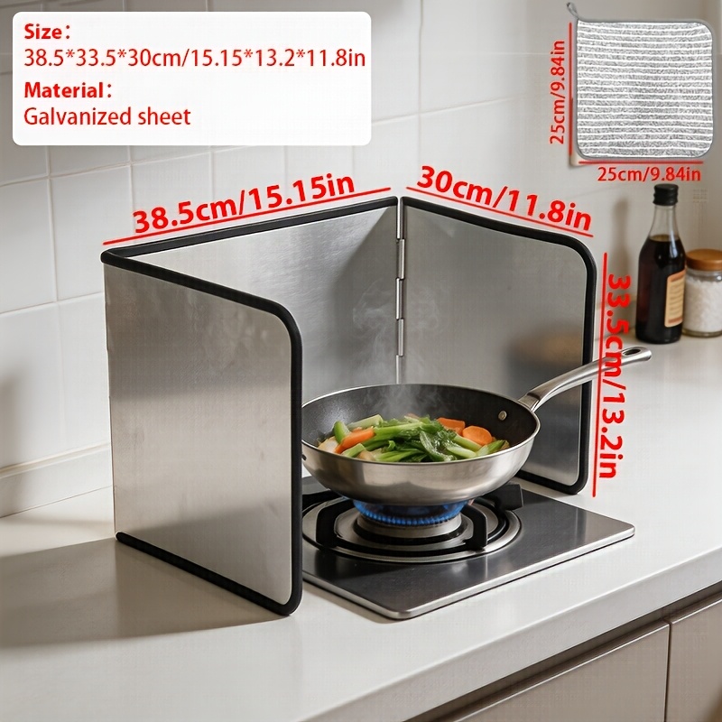 TEMU 1pc Double-panel Galvanized/stainless Steel Splash Guard, With Cloth, Heat-resistant, , Kitchen Stove Protection Cover, Foldable Design, Protect