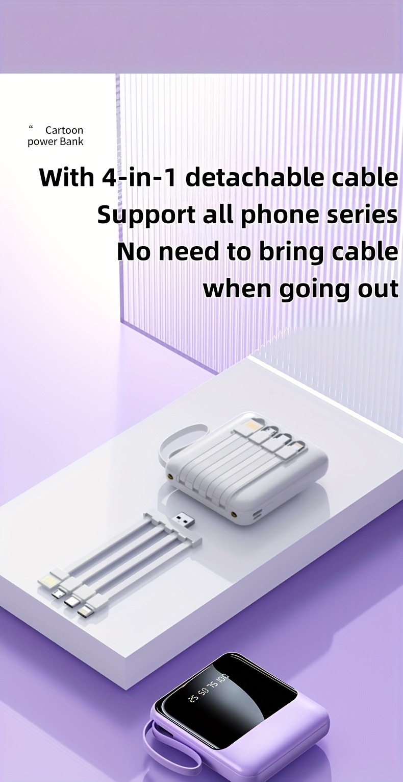 10000mah capacity small size big power this mini portable power bank features a with a built in 4 in 1 multifunction cable supporting 5v2a fast charging   travel business keeping your devices powered   valentines day gift Product details 1