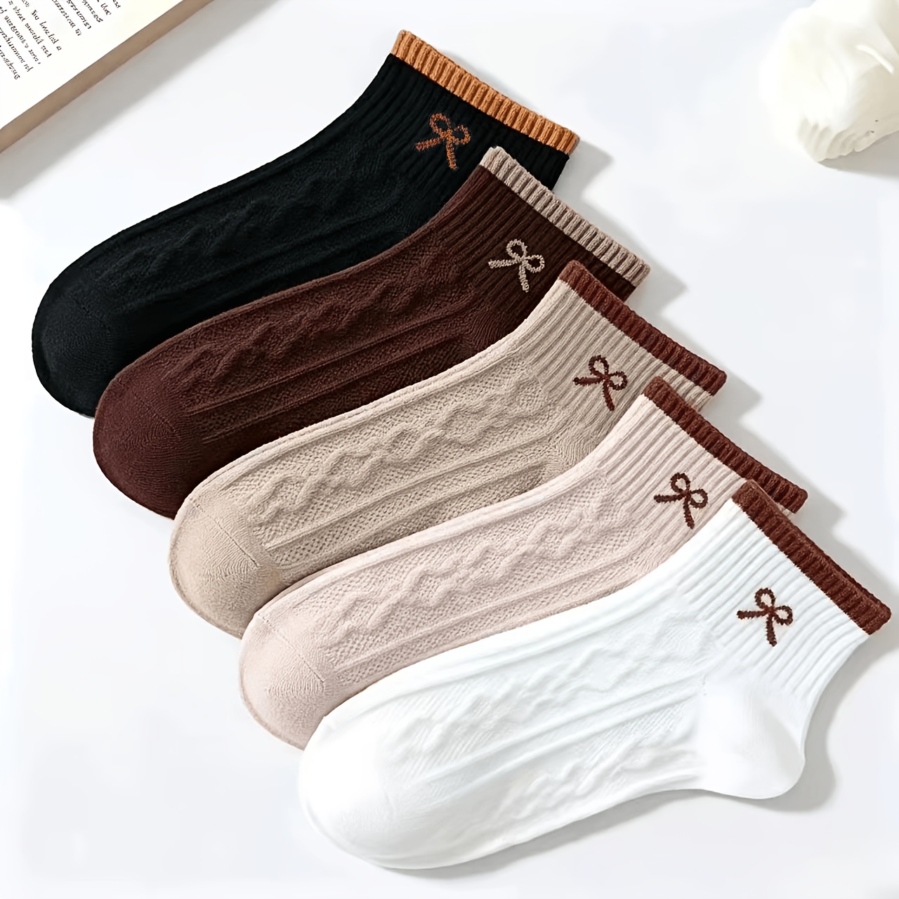 TEMU 5 Paar Damen Socken für Frühling, Sommer Herbst, neue Retro-Trend-Schleifensocken, bequemer vielseitiger Vier-Jahreszeiten-Stil