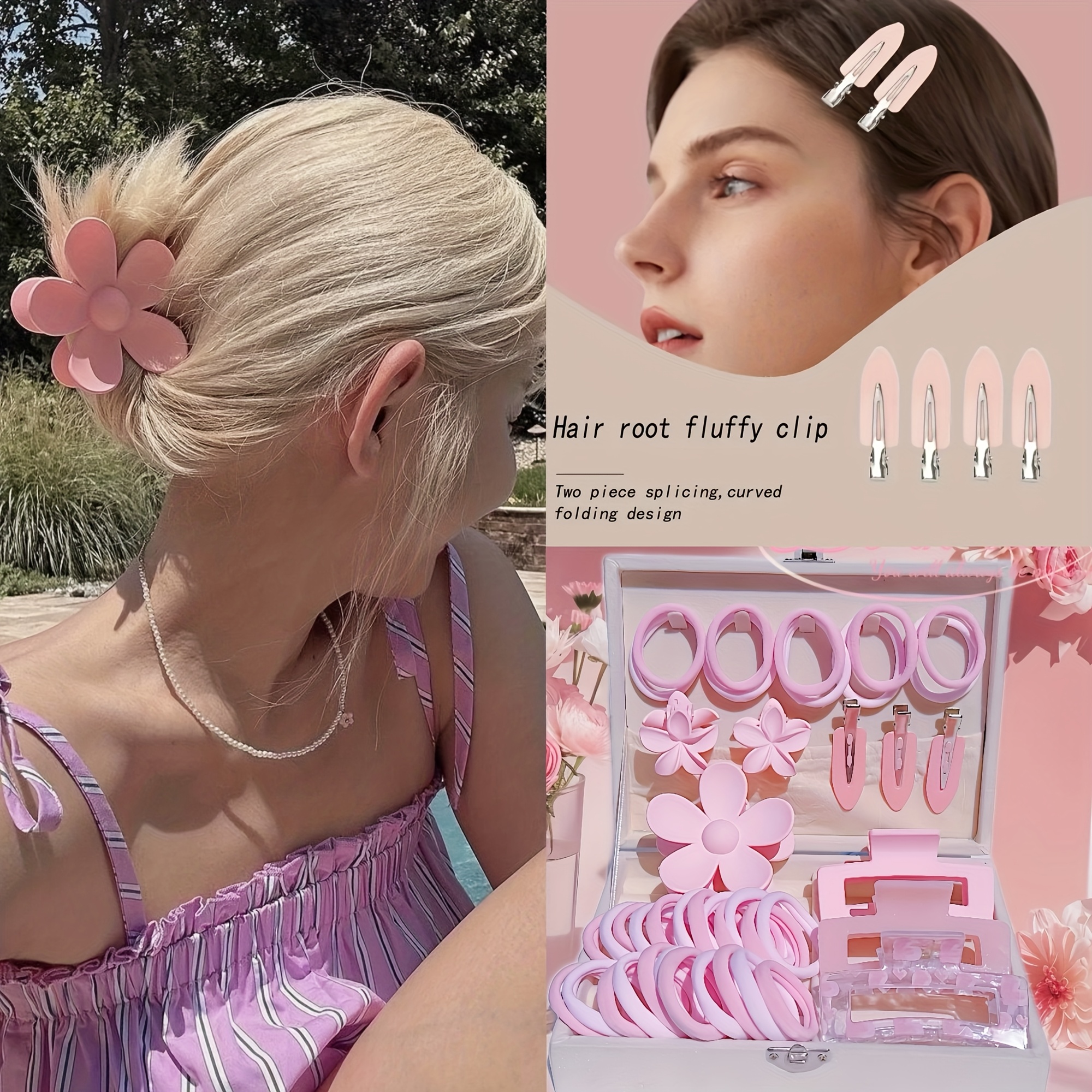 29pcs pastel hair kit women girls pink hair clips elastics  display picture 3