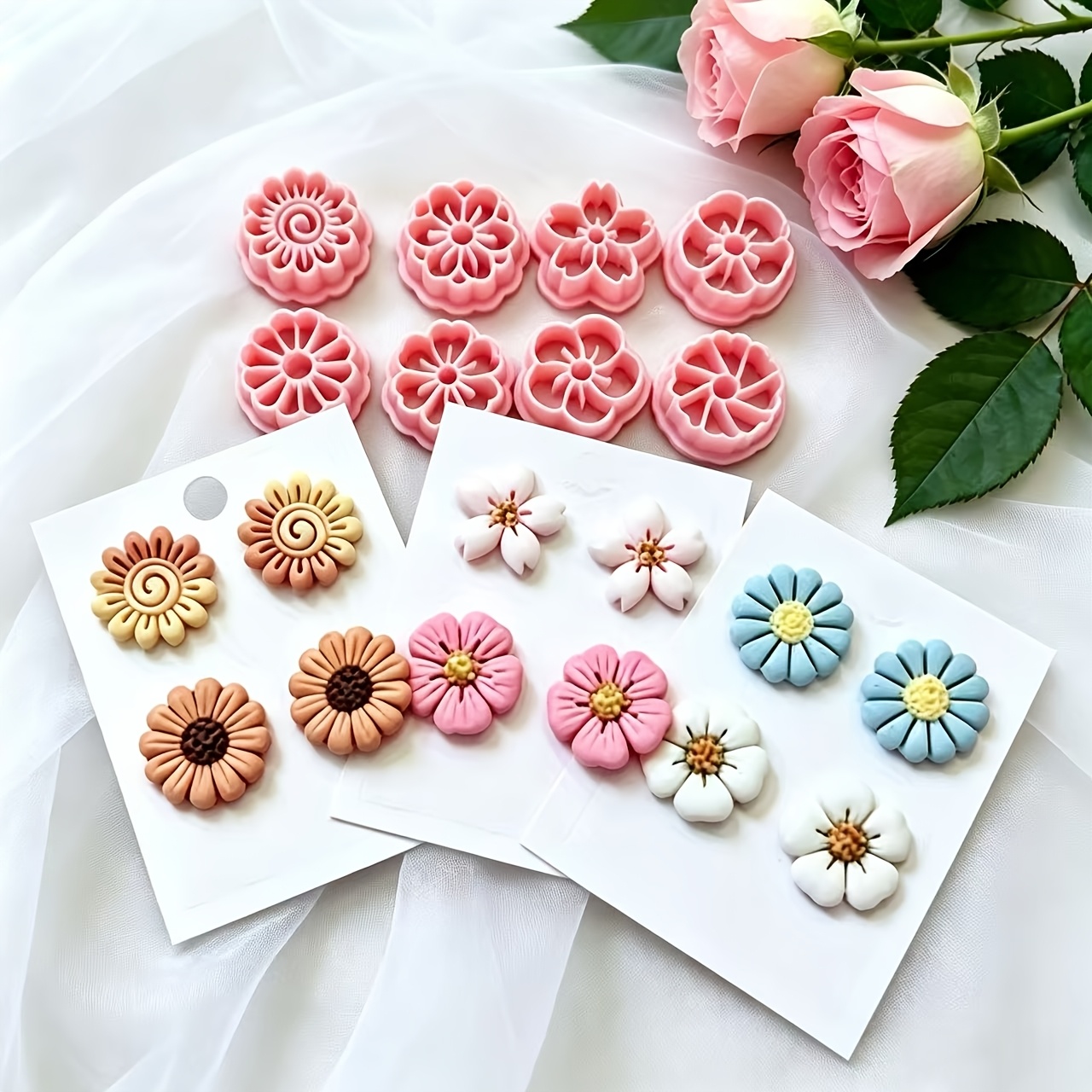 TEMU Juego de 8 cortadores de arcilla - Moldes de corte de arcilla florales y de para hacer joyas de aretes DIY, cortadores de arcilla de mini