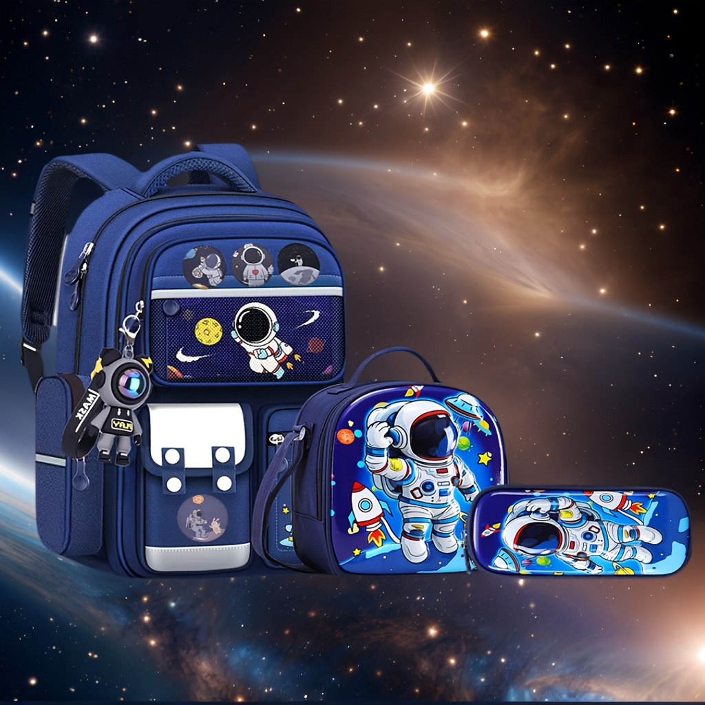 item picture   astronaut themed backpack set   a pencil case a lunch bag and is lightweight and durable featuring multiple pockets a laptop compartment a casual yet   backpack suitable for travel and school