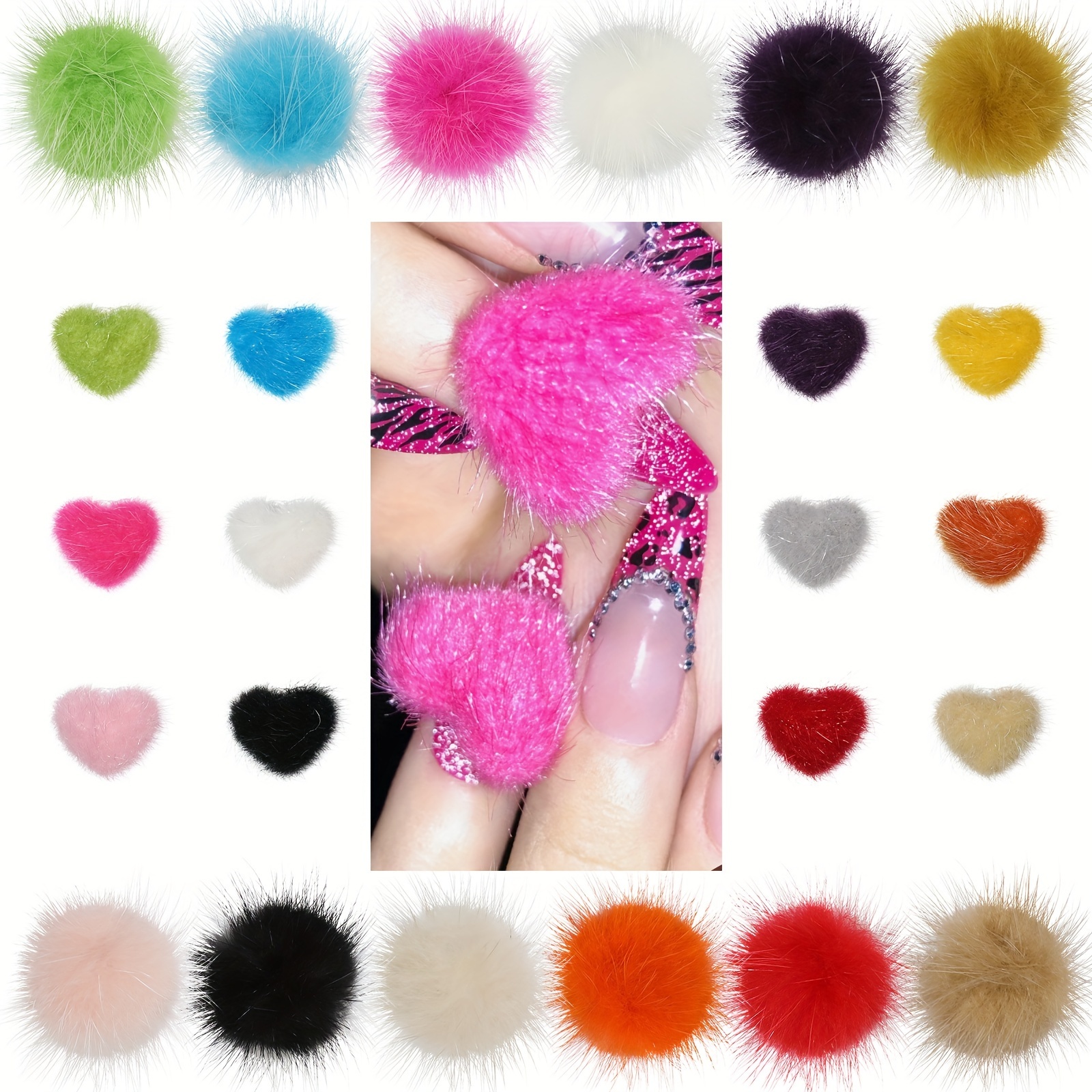 

24pc/box Heart Fluffy Plush Ball Nail Pompom Mixed Art Decoration Fashion Jewelry Detachable Magnetic Manicure Design Accessories