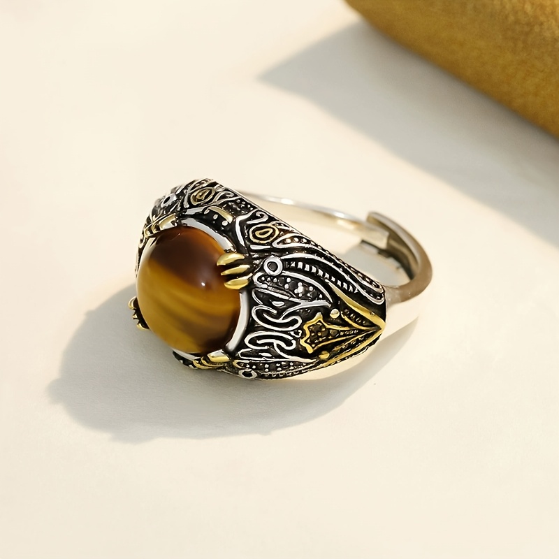 Tiger's Eye Adjustable Ring, Retro Inlaid Design