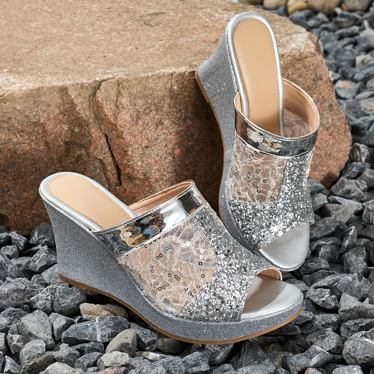 Ladies Sandals Bling Wedge Shoes Women'S Elegant Slip-On Wedge