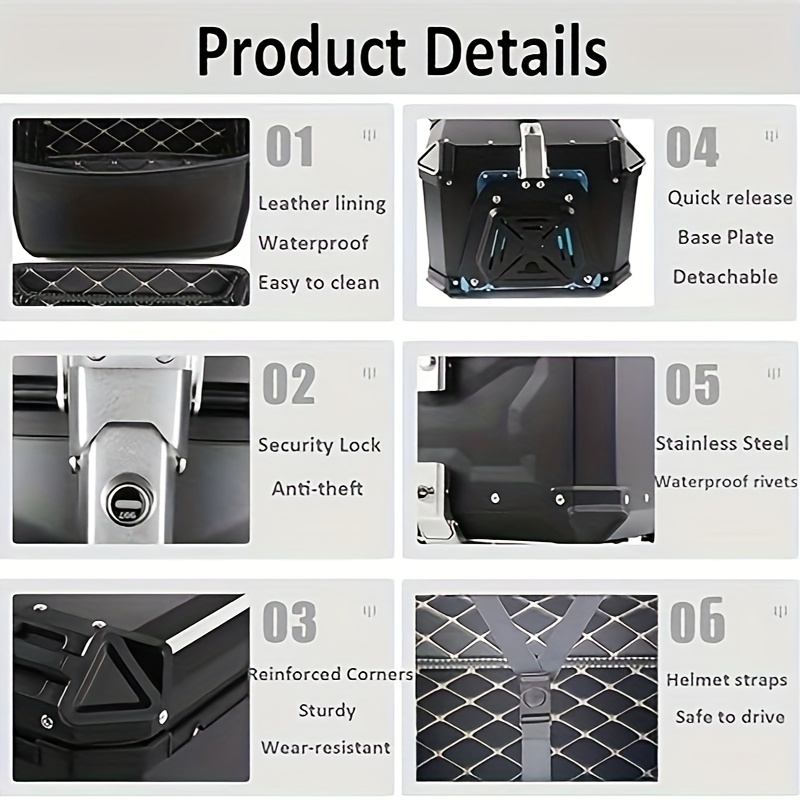 Red 45L Motorcycle Top Case With Leather Lining, Security Lock, And Waterproof Design. Includes Portable Handle And Removable Base. Comes With Accessories Like Screws And Keys