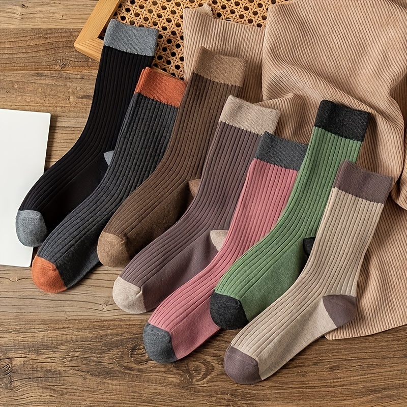 

7 paires de chaussettes Coloblock Crew, chaussettes confortables et respirantes de style universitaire mi-tube pour l'automne et l'hiver, bas et bonneterie pour femmes