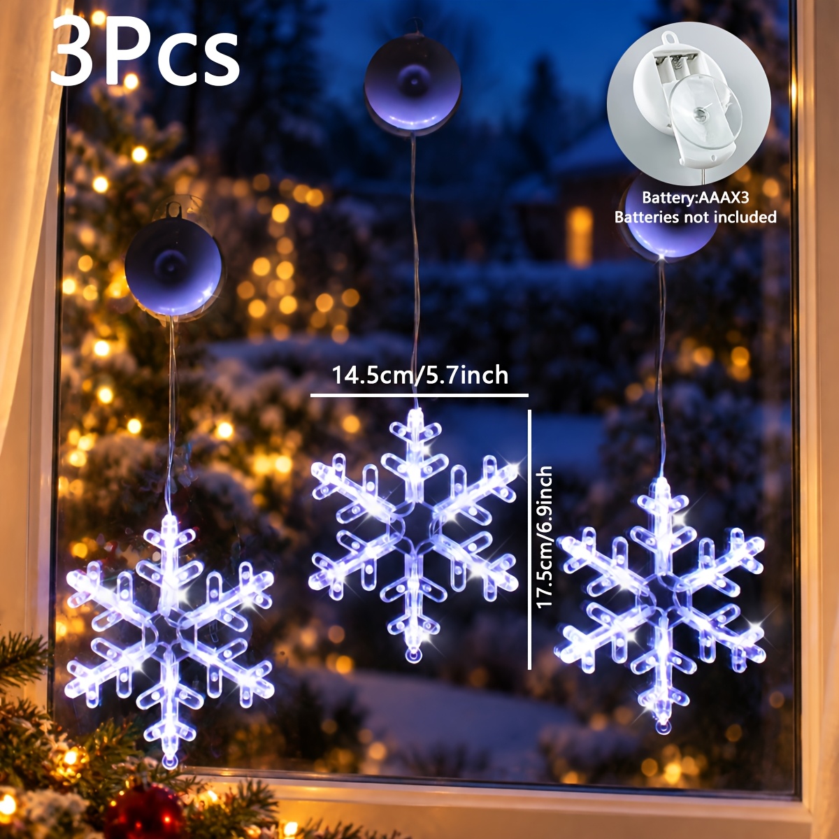 TEMU 3 pièces, Guirlande Lumineuse à Ventouses de Neige de Noël, Luminaires Fantaisie, Lumières Rideau, Décoration de Fenêtre, Décorations de Noël,