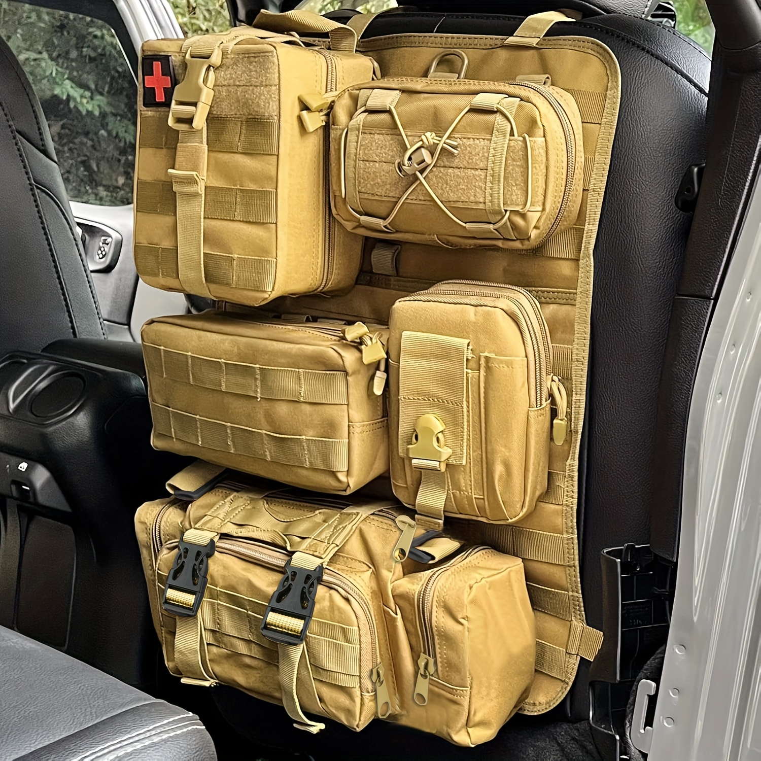 Tactical Car Seat Back Organizer, Upgrade Vehicle Panel with 5 Detachable Molle Pouches, Army Green, Khaki, Universal Fit for Most of Vehicle, Army Green, Khaki, Perfect for Father'S Day Gift, Car Seat Organize