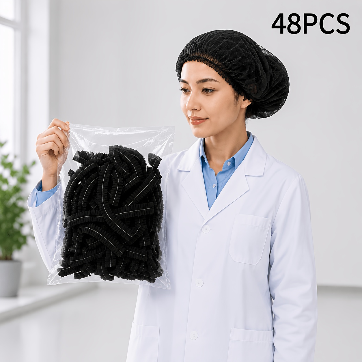 TEMU Disposable Non-woven Strip Bouffant Caps, Chef Hair Covers, Breathable And Hair-loss Preventing, Black, Blue, White, 48pcs