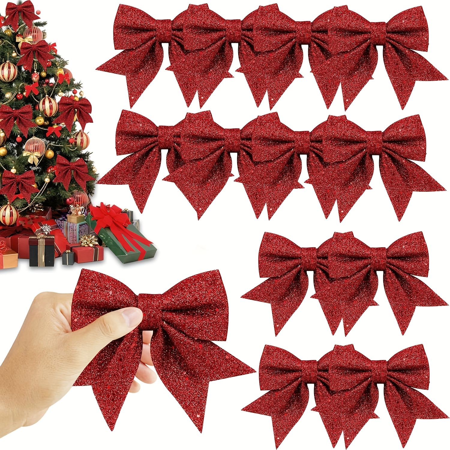 

12pcs Sparkling Red Glitter Christmas Bows - Tree, Wreath & Gift Decorations | Home & Party Decor | No Power Needed