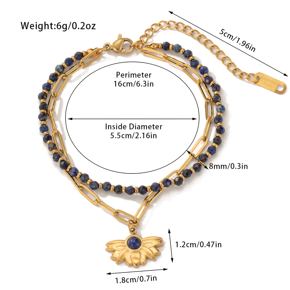 TEMU Bohemian Double-layered Stainless Steel Women's Bracelets, With Blue Natural Stone And Golden Geometric Pendant, Anti-fading And Hypoallergenic,