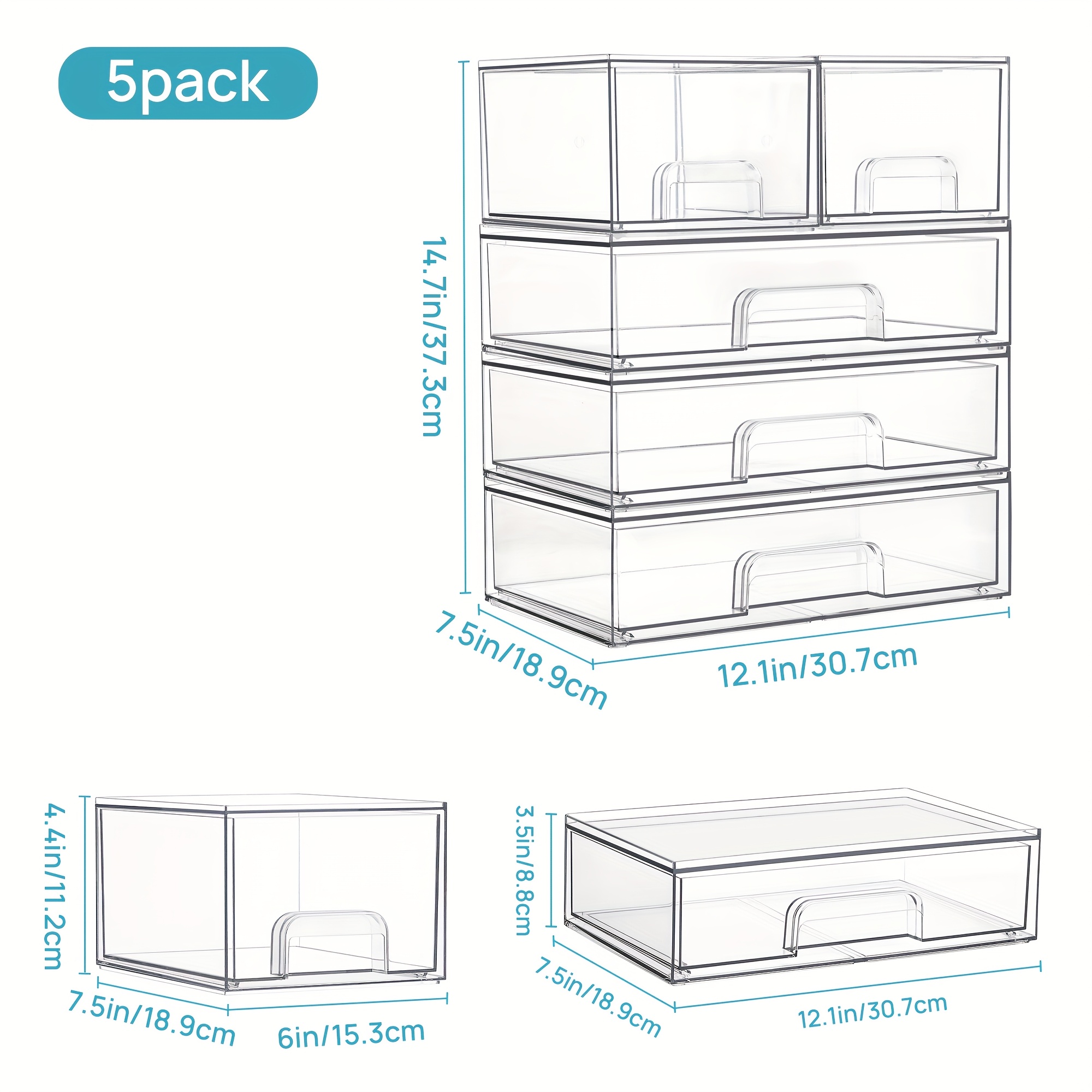 5-Pack Clear Stackable Drawers – Plastic Organizer Bins For Makeup & Bathroom
