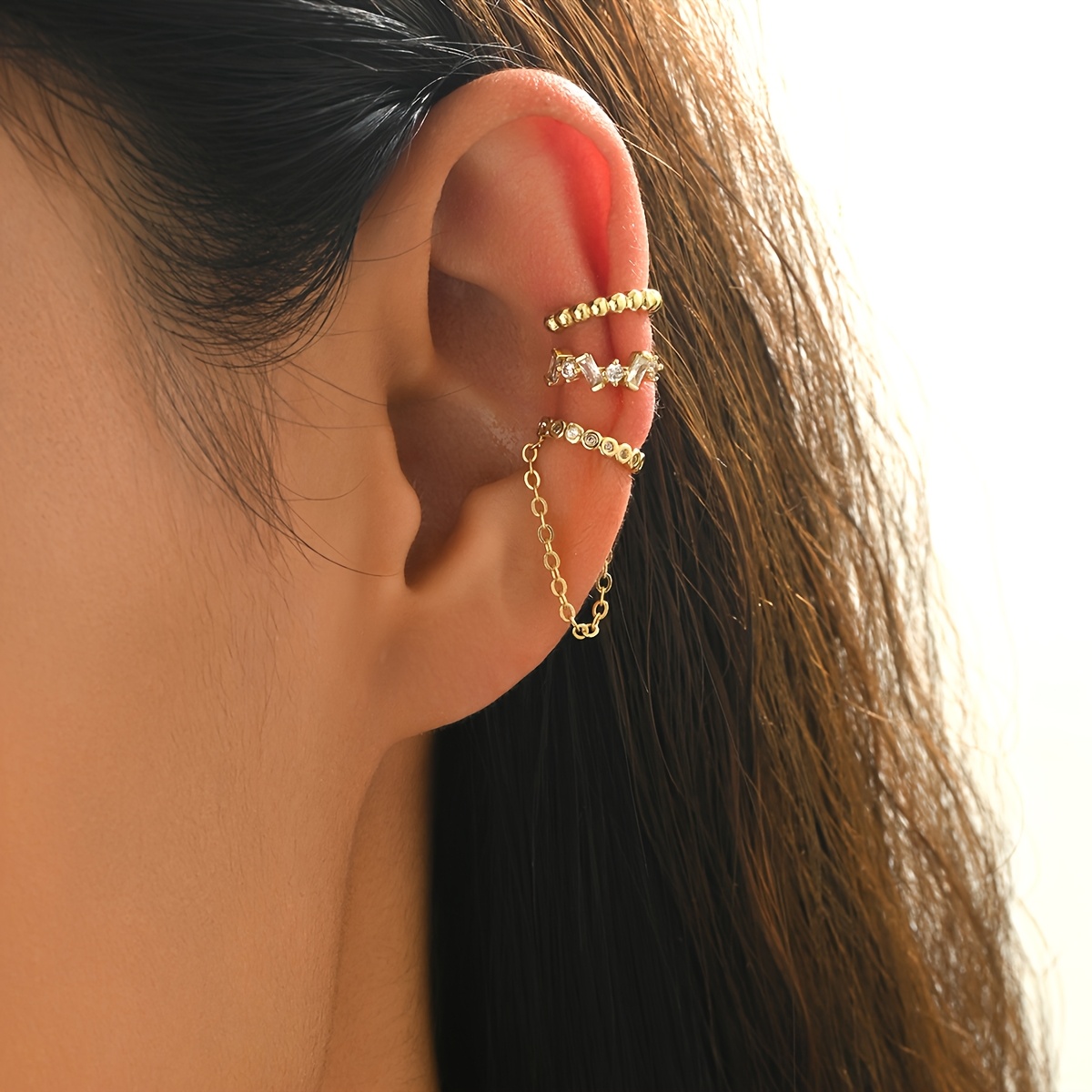 Golden Chain Clip-On Ear Cuffs for Non-Pierced Ears
