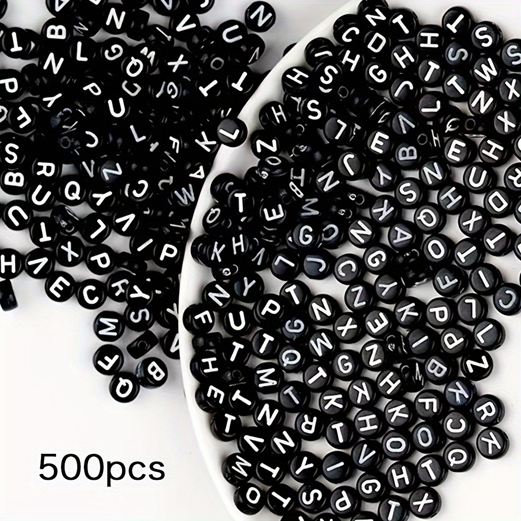 Image of 1000pcs/500pcs 4 * 7mm Acrylic Black Background White Letter Beads, Round Letter Beads, Suitable For Making Jewelry Bracelet Beads, Colorful Diy Craft Bead Set