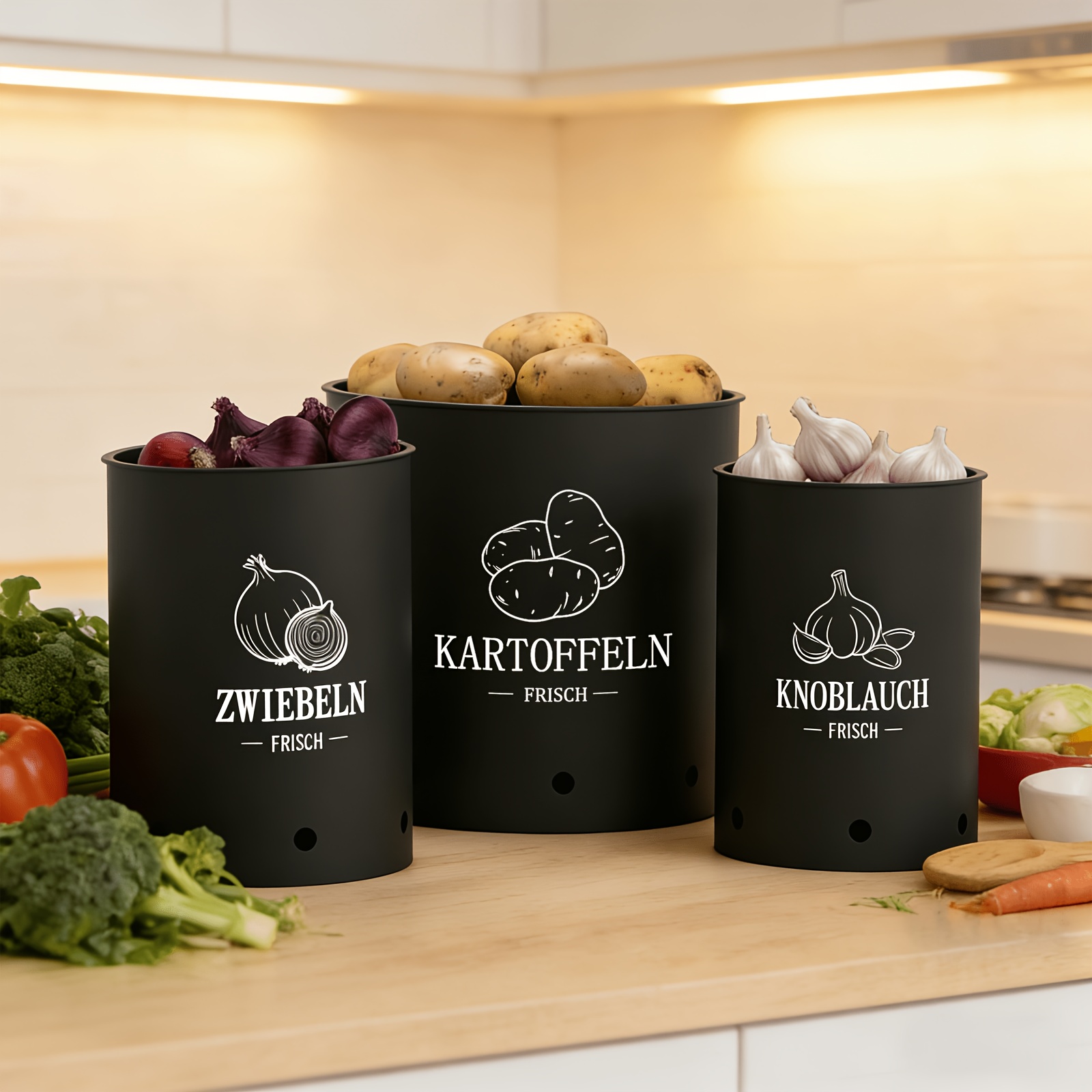 Image of A Set Of 3 Potato, Onion And Garlic Canned Food Storage Containers, Kitchen Vegetable Storage Cans, , Vegetable Baskets Are Easy To Store (black), Food Storage Cans