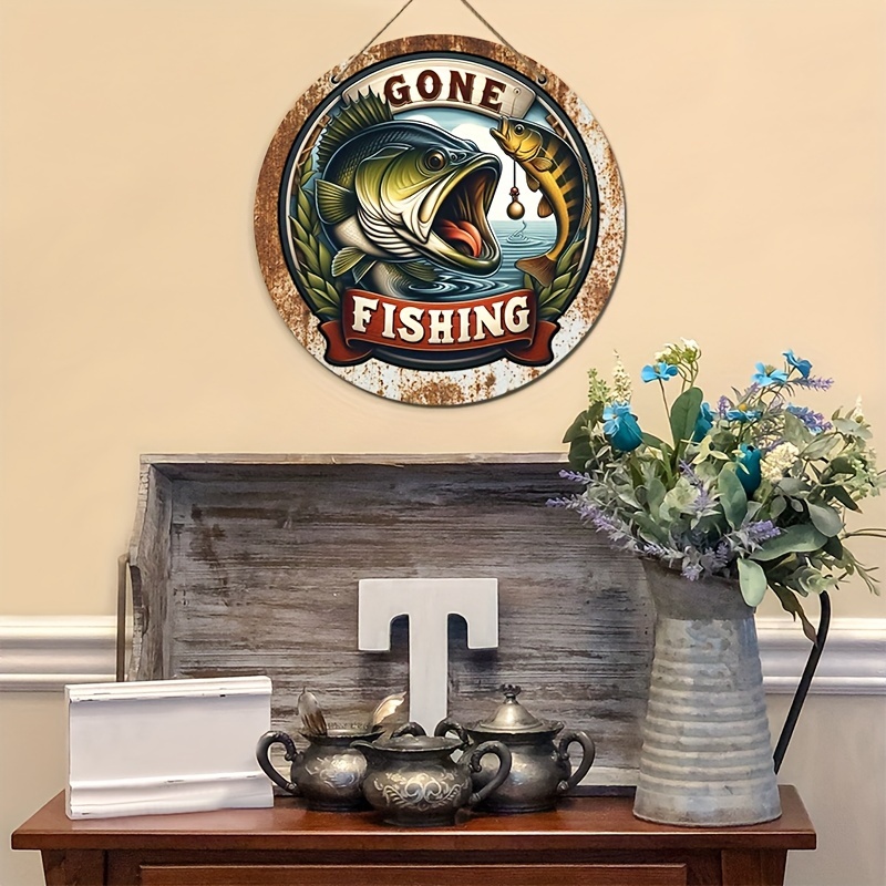 1pc Wooden Hang Tag Sign, Go Fishing Largemouth Bass Fisherman Round Wreath  Logo Design, Farmhouse Decor, Decorative Front Door Sign, Craft Decorative
