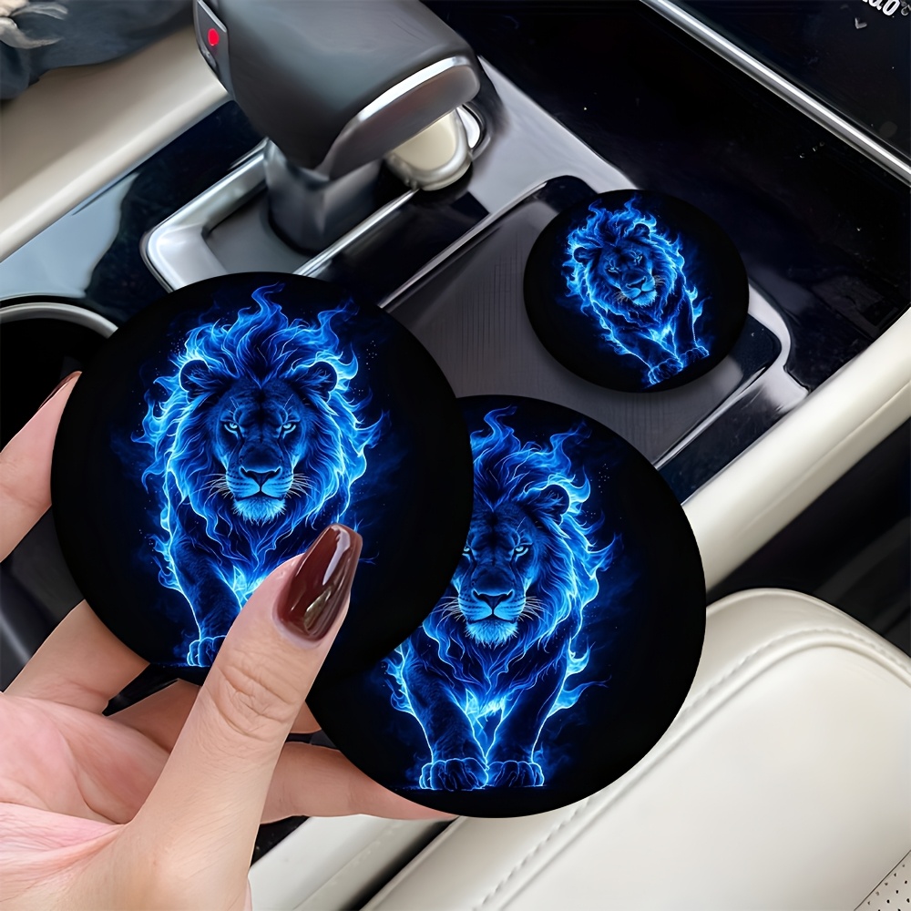 TEMU 2pcs Blue Flame Lion Car Cup Coasters - Anti-slip Heat-resistant Suitable For For -vehicle Cup Holders, Fit For Cars, Suvs, Trucks - Durable