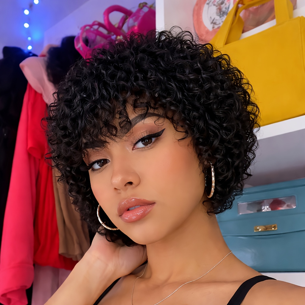 Image of Short Cut Human Hair Wig With Bangs, Curly Wig, Beginner-friendly, Natural Look For , Short Hair Wig, Versatile Hairpiece, Curls