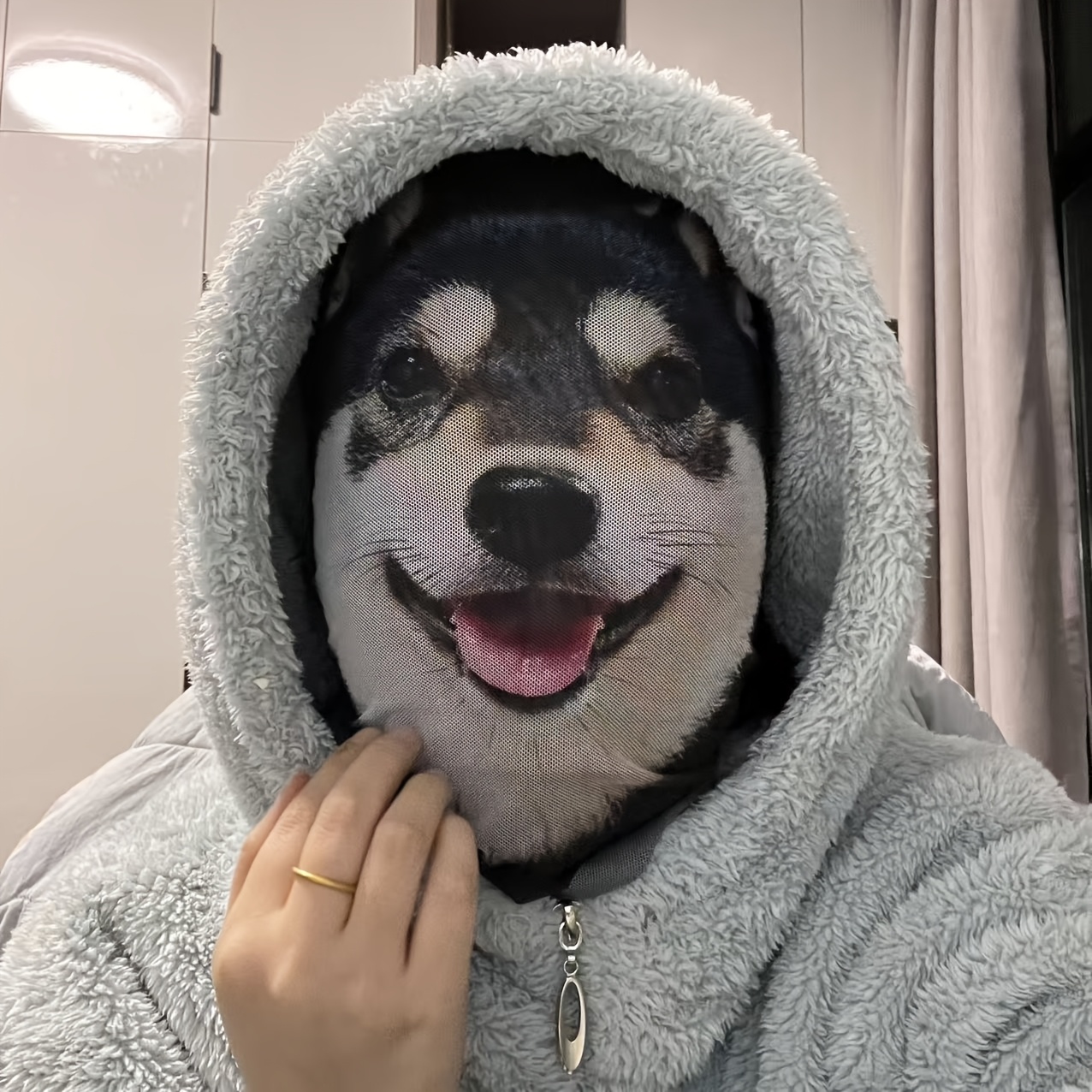 TEMU 귀여운 검은색 시바 인우 시뮬레이션 헤어밴드, 메시 통기성 및 땀 방지, 얼굴 모양에 적합한 높은 탄성 원단, 매우 포토제닉한 표정, 할로윈 파티에서 남녀 모두에게 적합, 재미있는 사진 촬영을 위한 인기 아이템