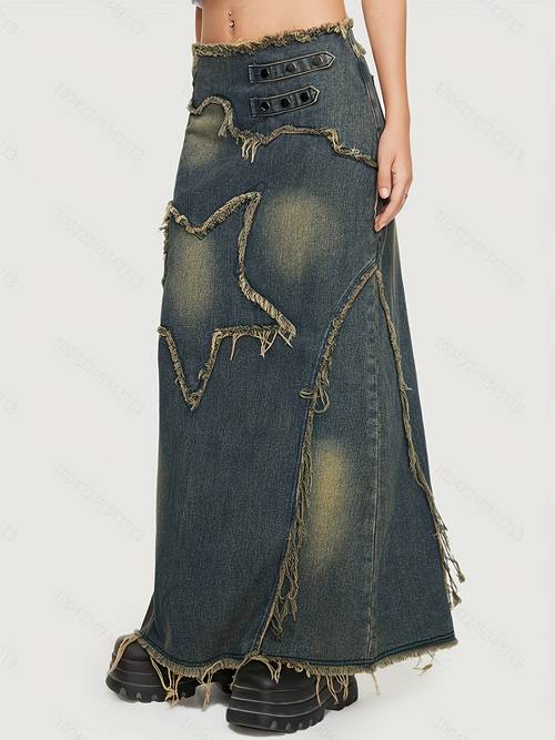 vintage denim lange rok met sterren en rafelranden, high-waisted bodycon zeemeermin