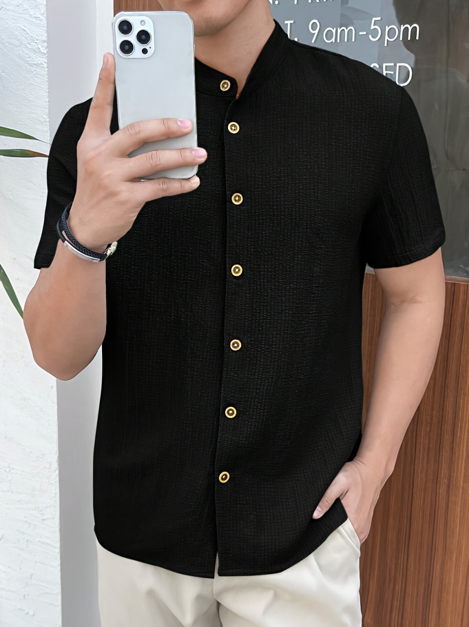 Men'S Lightweight Summer Casual Shirt - Solid Color Beige, Short Sleeve, Stand Collar, Button-Up, Breathable Woven Fabric for Outdoor & Weekend Wear, Relaxed Fit Shirt | Classic Collar Shirt | Durable Fabri