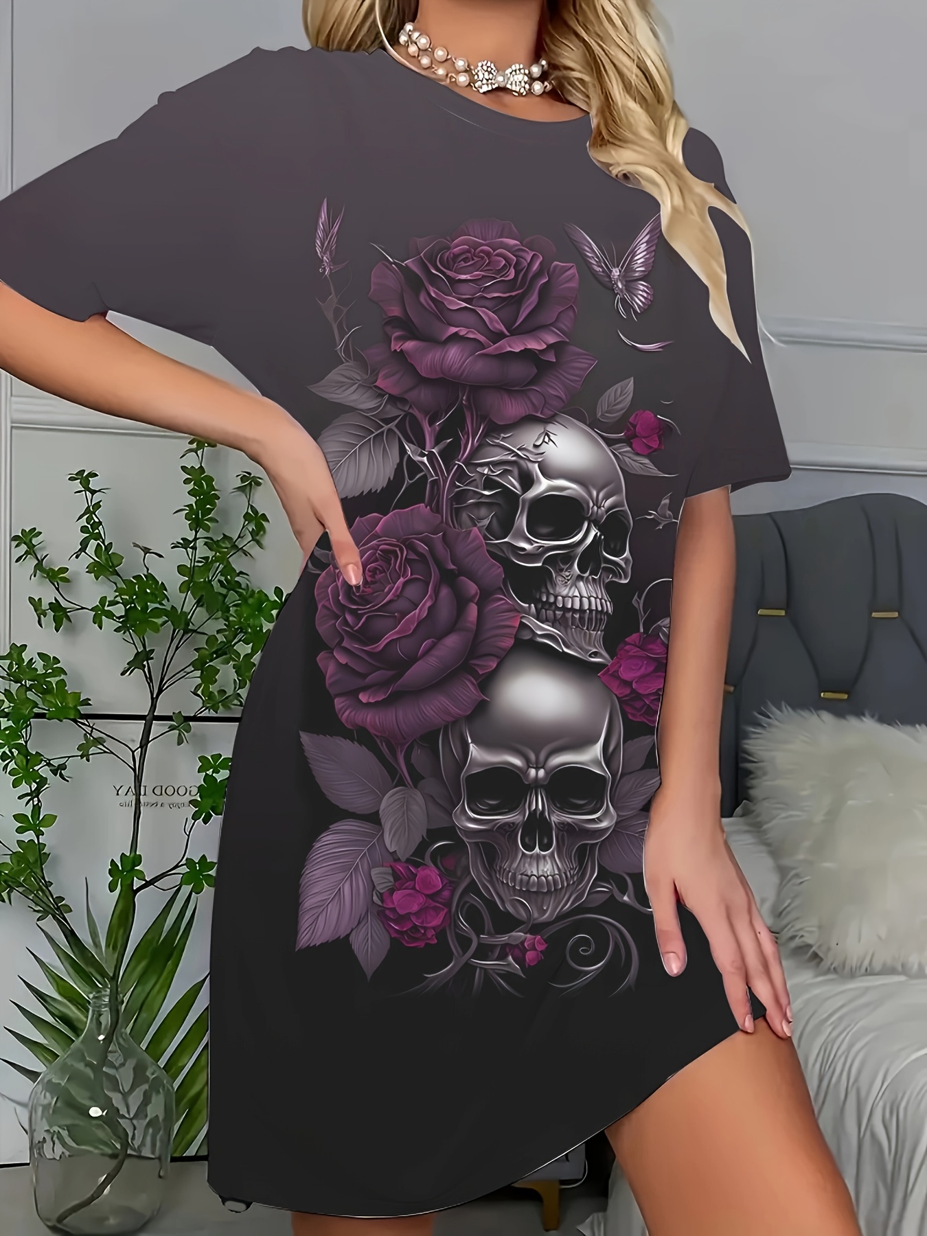 women's plus size gothic print nightdress purple rose skull Temu
