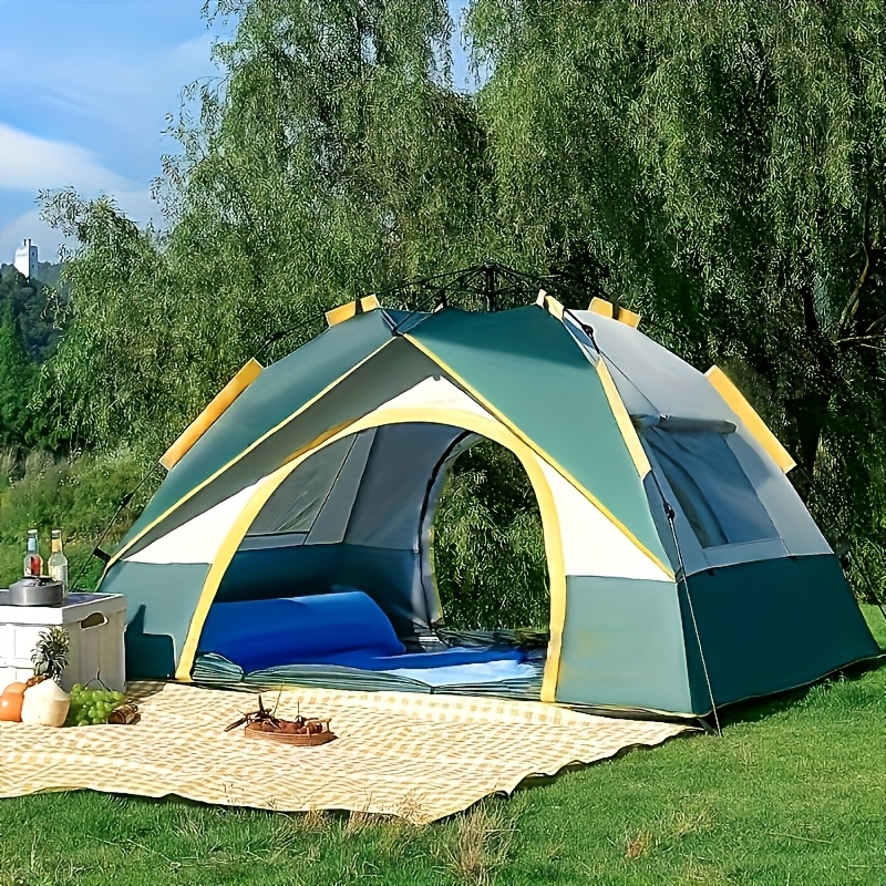 4 person quick setup camping tent with 3 second setup 2 doors 2 windows breathable mesh panels windproof sun protection   indoor outdoor use for hiking beach     outdoor shelter dualdoor design sturdy pole support camping accessories