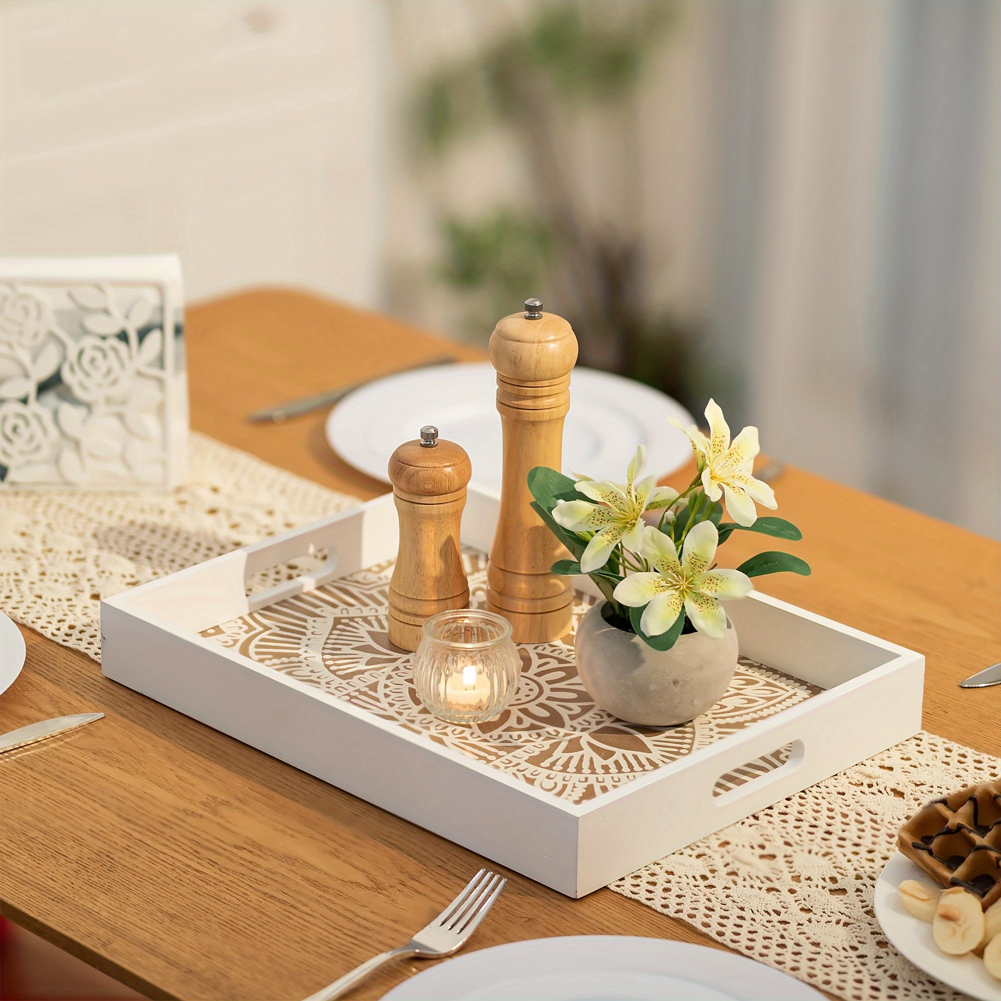 1pc Extra Large Serving Tray Extra Long White Decor with Mandala Legs  Sturdy MDF Board Table Centerpiece