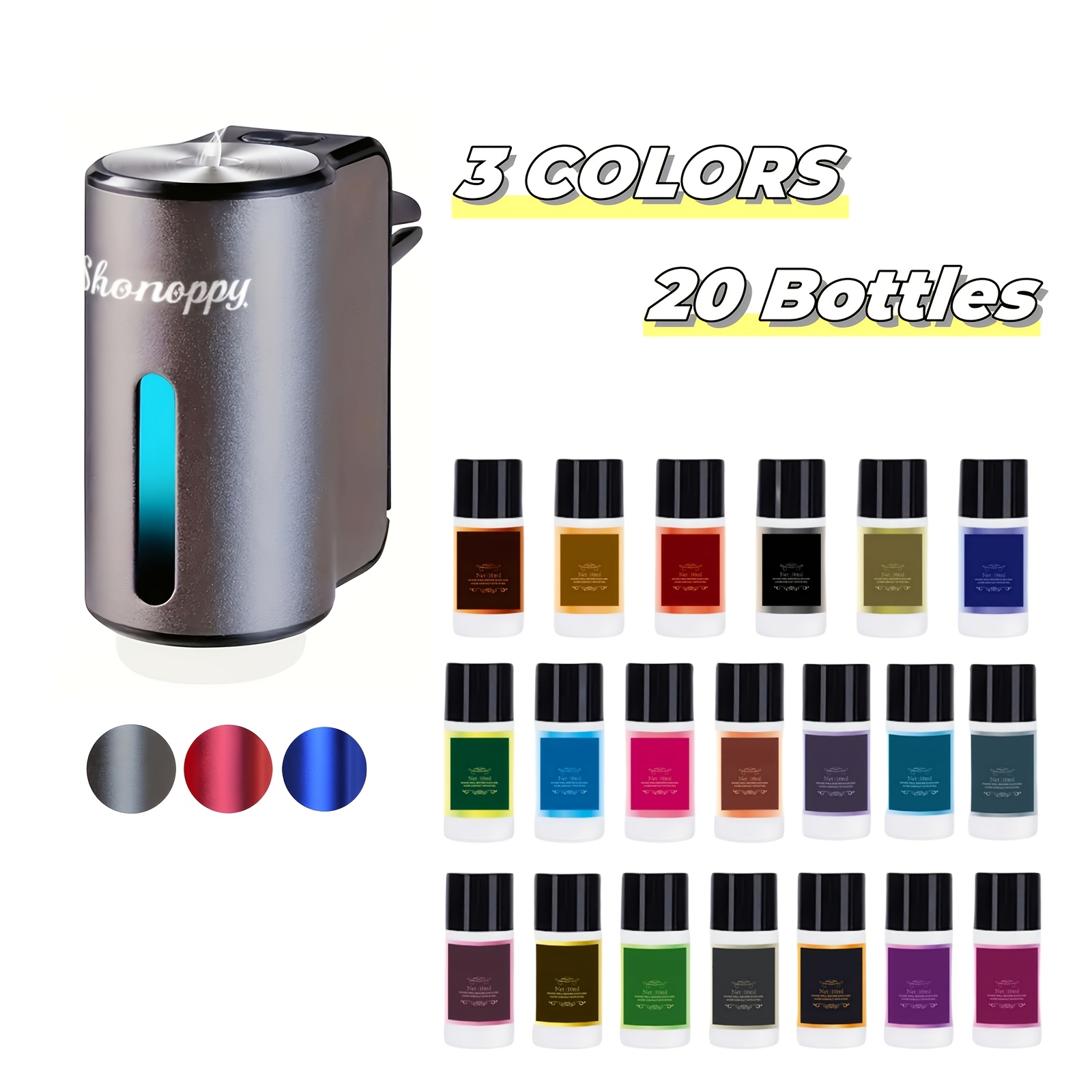 (accessory 20 Bottles 10oz Essential Oils Sold Separately)usb Car Essential Oil Diffuser, Includes 20 Bottles Of Essential Oils, Silent Mode And , Car Air Freshener To Alert Trips
