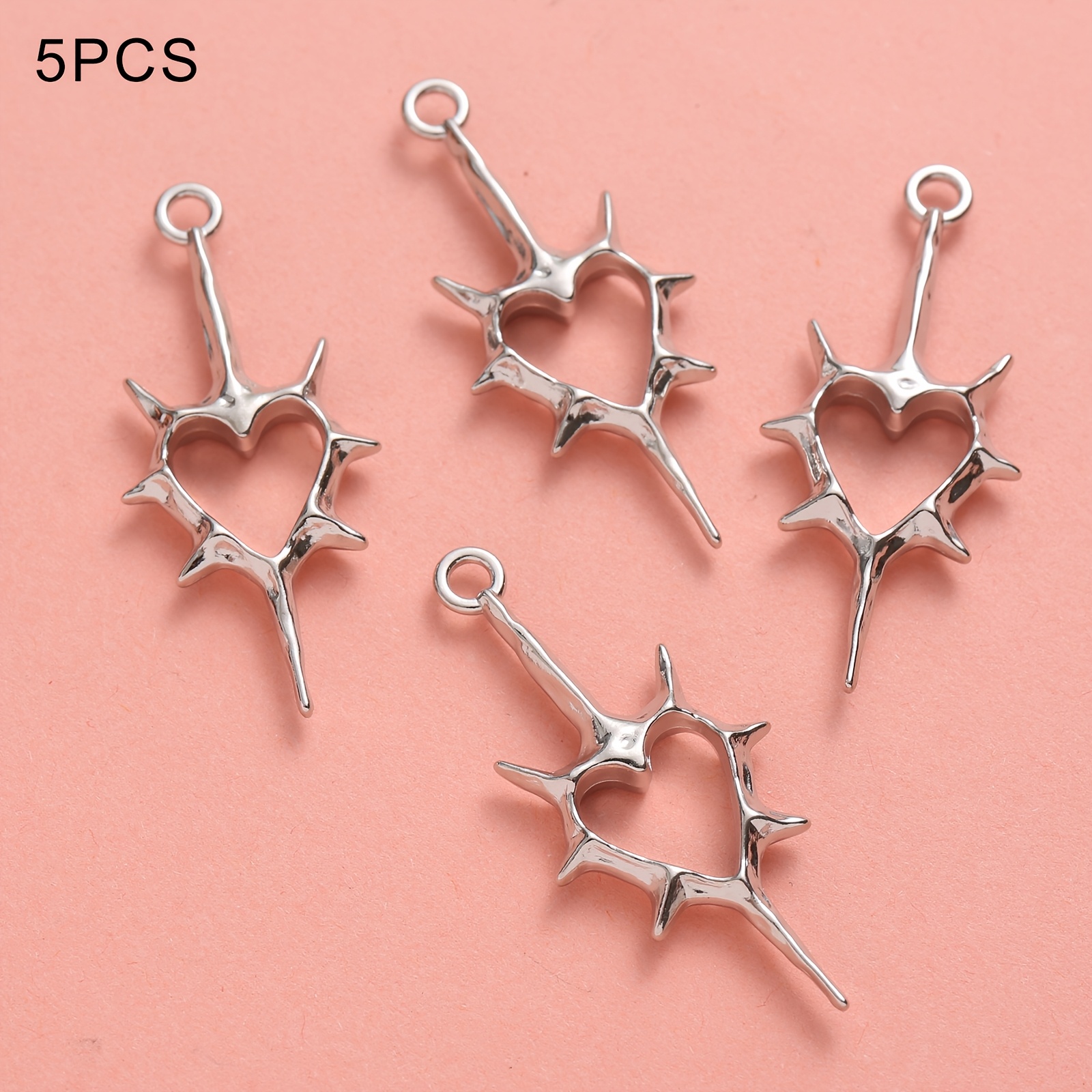 E-shop 5er-Set silberfarbene, dornige Herz-Anhänger | Hohles Herz-Design mit scharfer Dornenstruktur, Top-Haken für Halsketten und Zubehör, ideal für