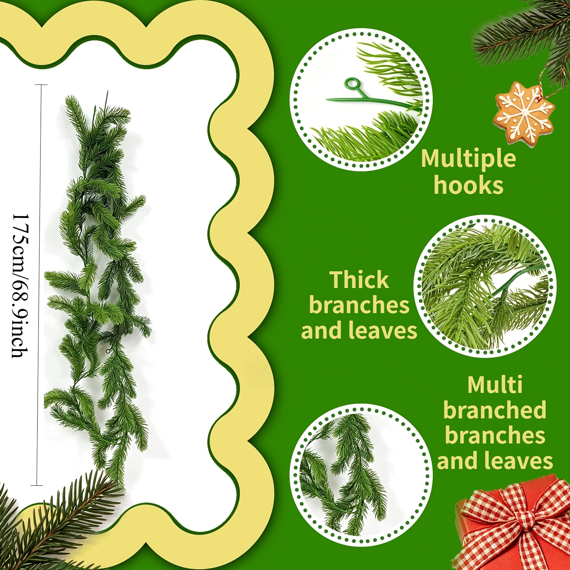 TEMU 1pc Total Length 70.87 Inches Artificial Pine Needle Christmas Vine, Artificial Floral Vine Decoration, Suitable For Christmas, Thanksgiving,