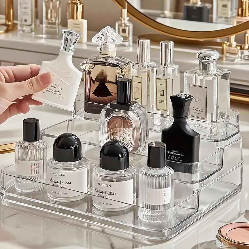clear plastic makeup organizer box with guitar pick storage rack multi functional countertop vanity organizer for perfumes cosmetics and accessories makeup vanity desk   transparent compartments